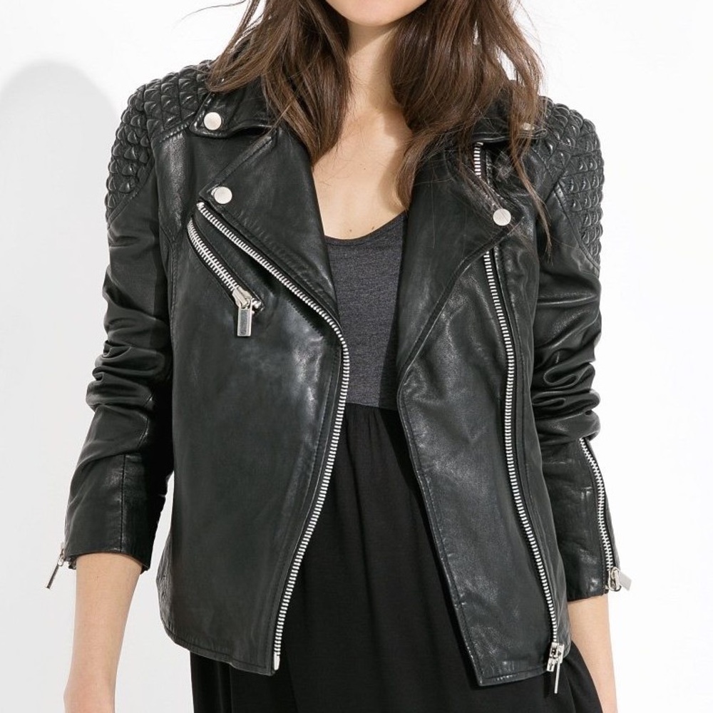 Mango Textured Panel Genuine Leather Biker Jacket Black XS Quilted Shoulder Moto